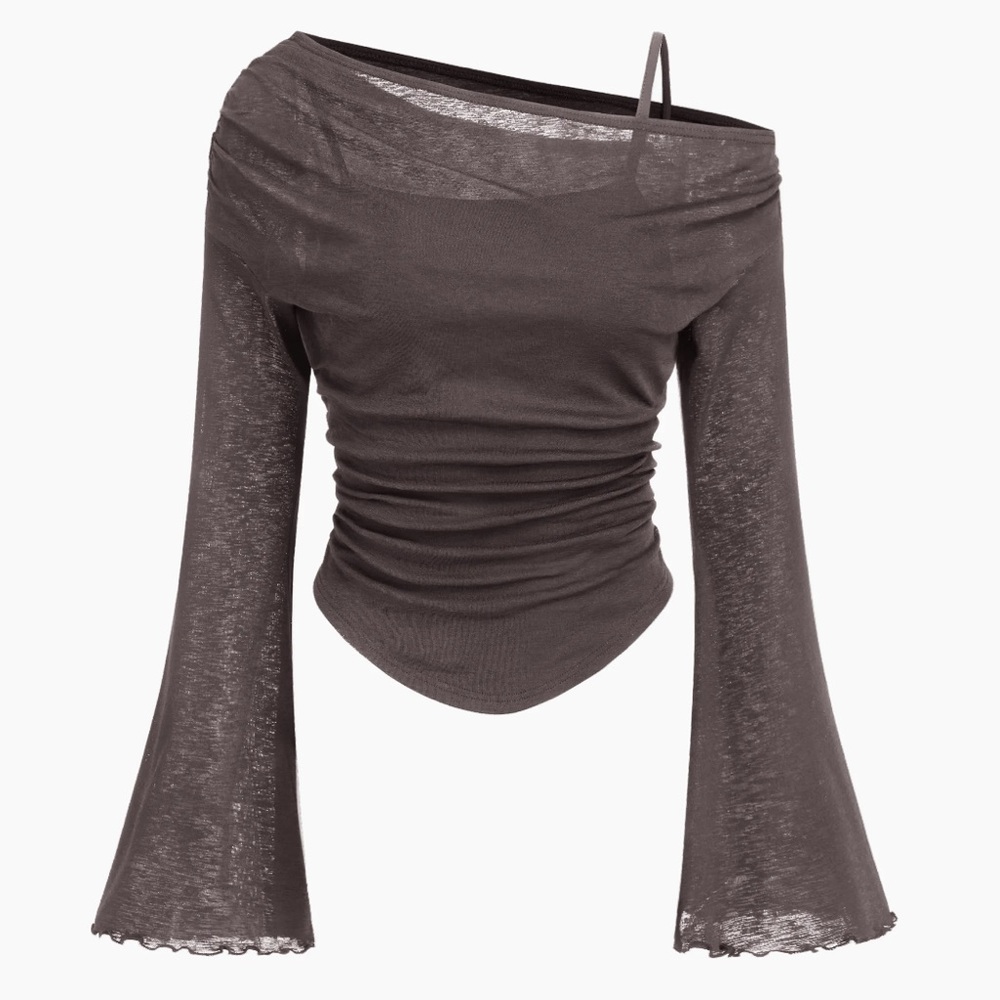 Brown Off-Shoulder Long Sleeve Ruched Top